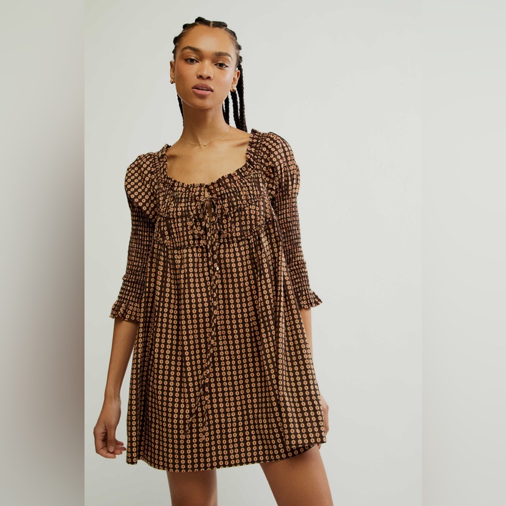 Free People Brown Printed Cotton Mini Dress XL Boho Smocked Long Sleeve